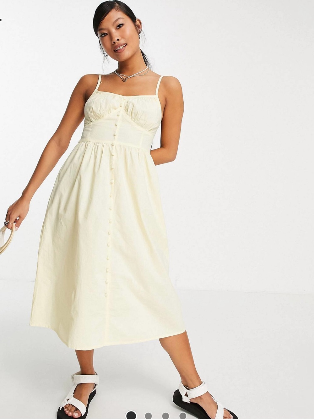 Soft cream midi dress with corset torso yellow